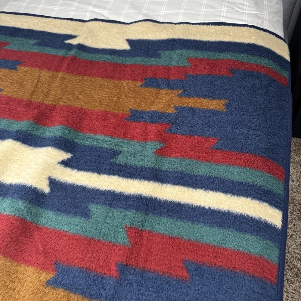 Vtg Biederlack Throw Blanket Southwest Aztec Camp Bonfire Reversible 74